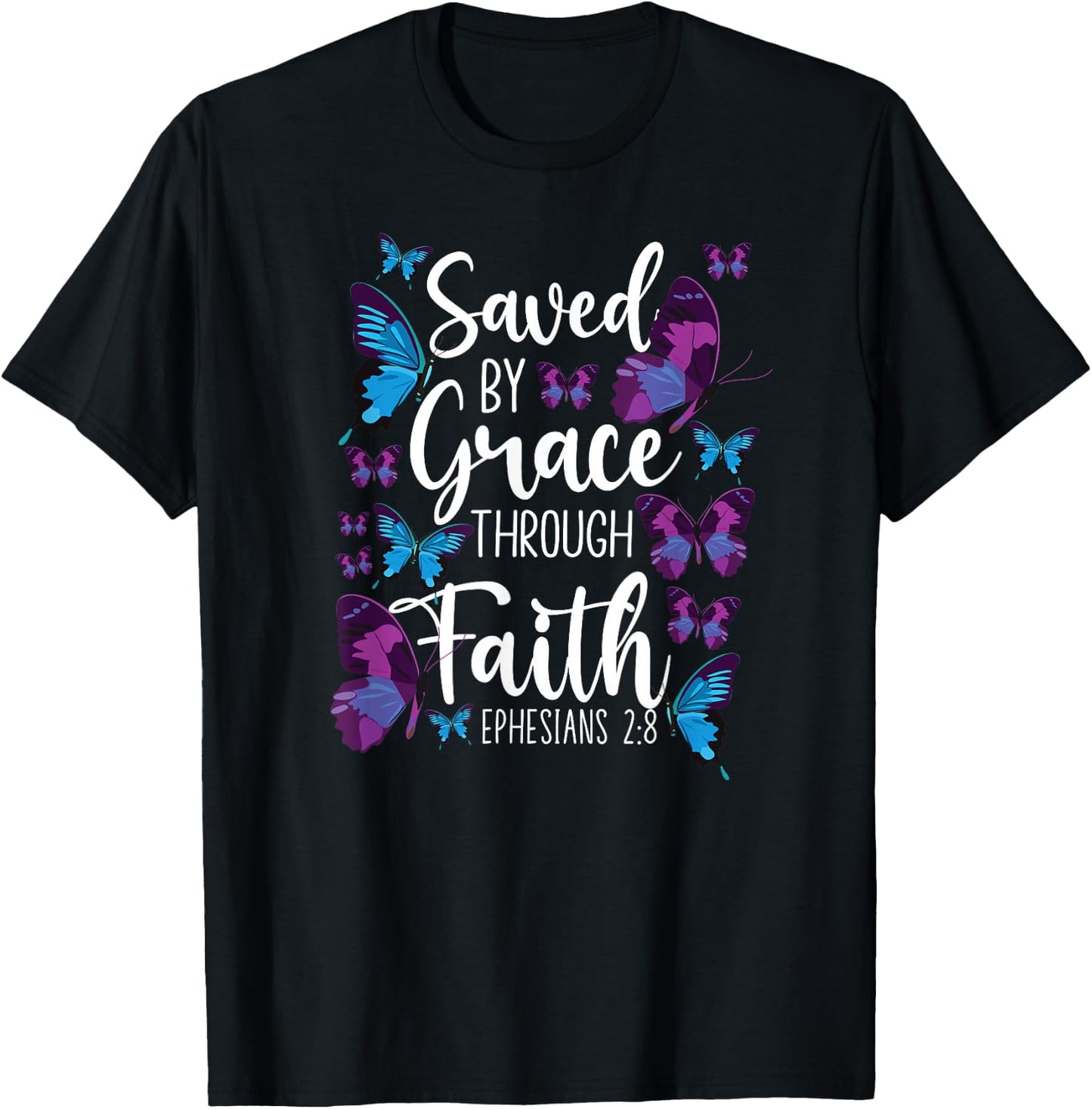 Christian Bible Verse Quote Butterfly Ephesians 2:8 T-Shirt - T-Shirt | Black
