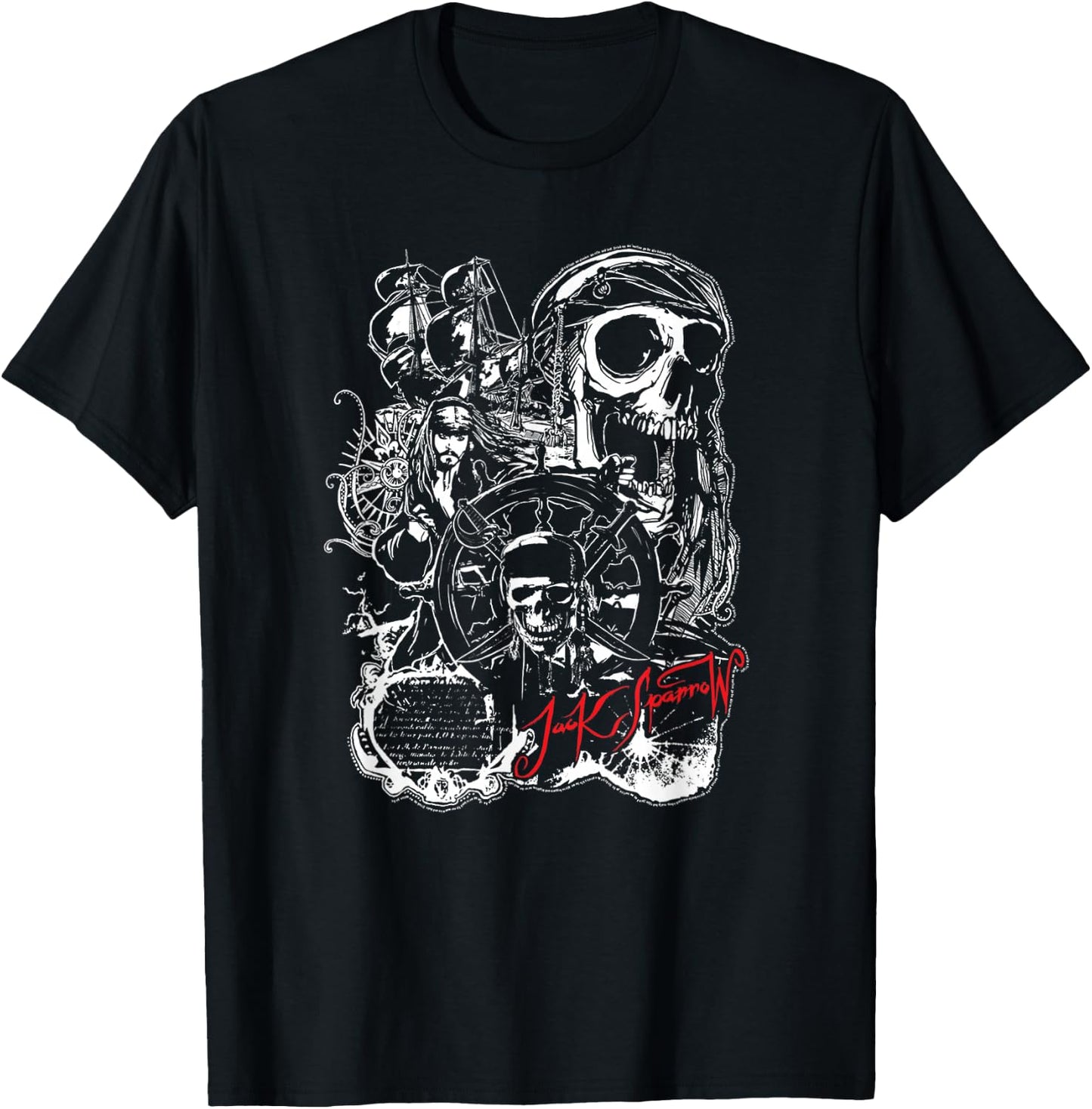 Disney Pirates of The Caribbean Jack Sparrow White Outline T-Shirt - T-Shirt | Black