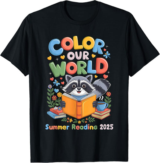 Color Our World Summer Reading Program 2025 Funny Raccoon T-Shirt - T-Shirt | Black