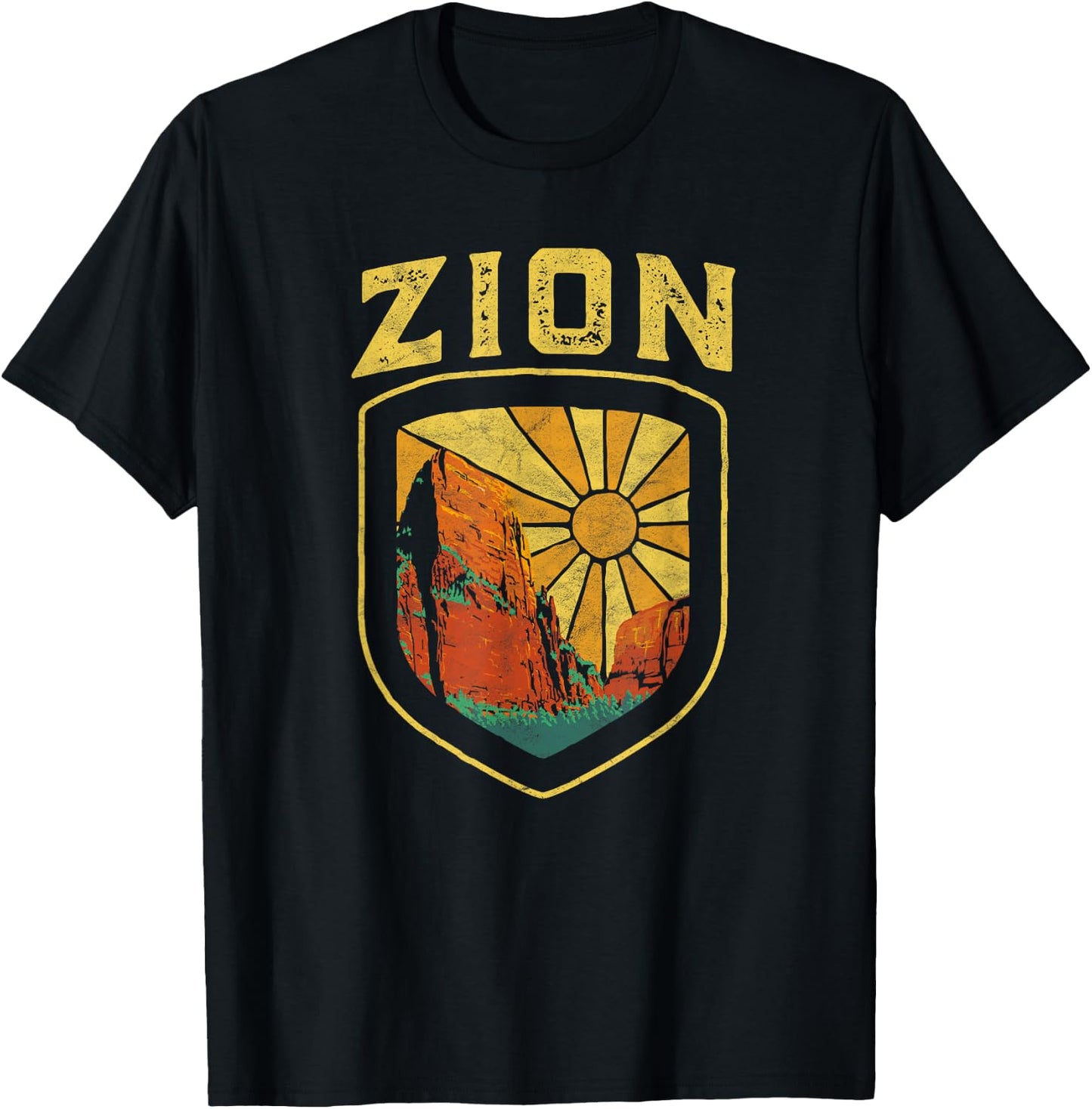 Zion National Park Vintage Badge Retro Distressed 80's T-Shirt - T-Shirt | Black