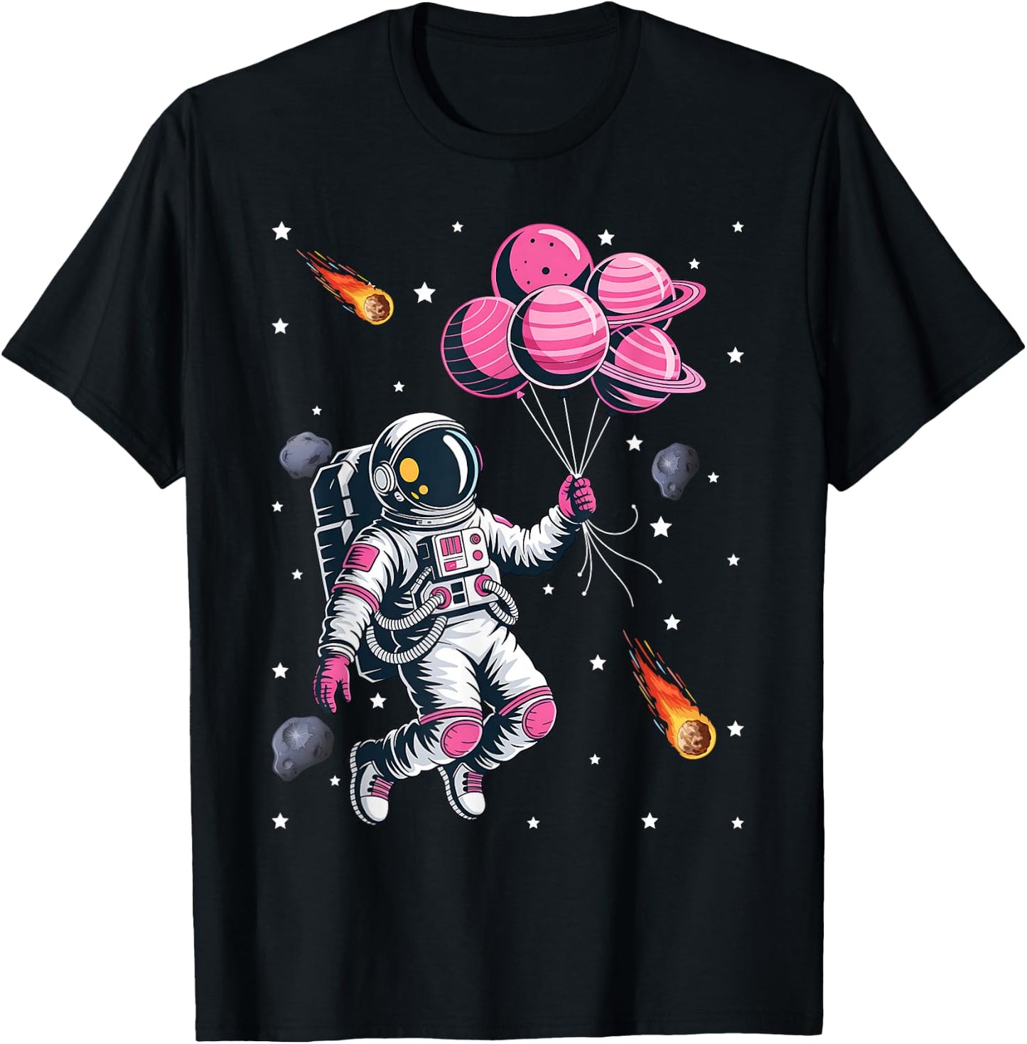 Girl Astronaut Balloon Planets Space Galaxy Girls Kids T-Shirt - T-Shirt | Black