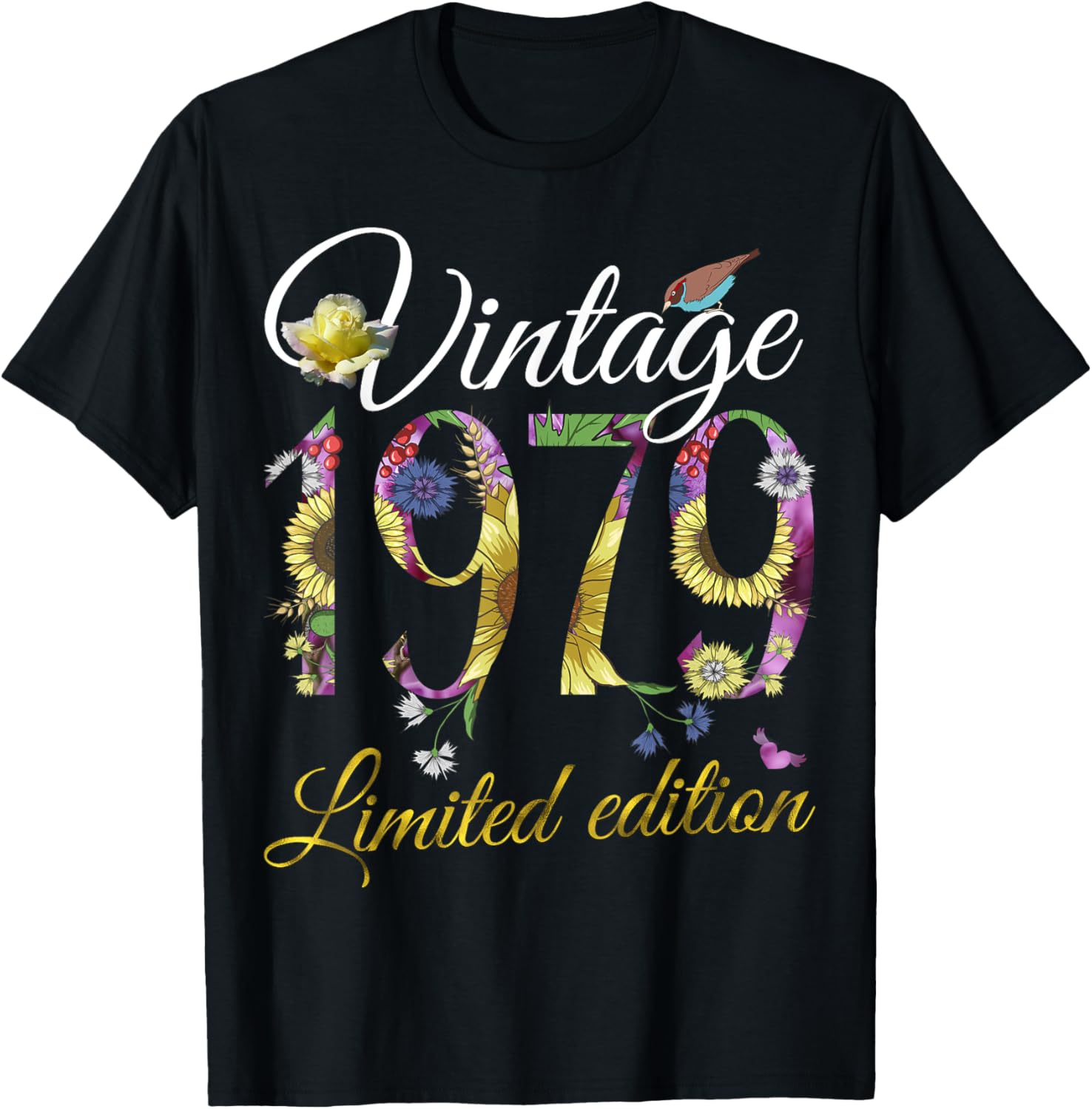 Vintage 1979 46 Year Old Sunflowers Floral 46th Birthday T-Shirt - T-Shirt | Black