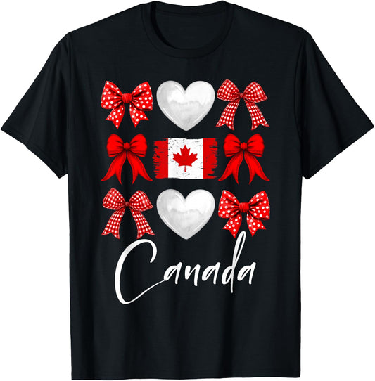Canada Day Coquette Bow Maple Leaf Canadian Flag Women Girls T-Shirt - T-Shirt | Black