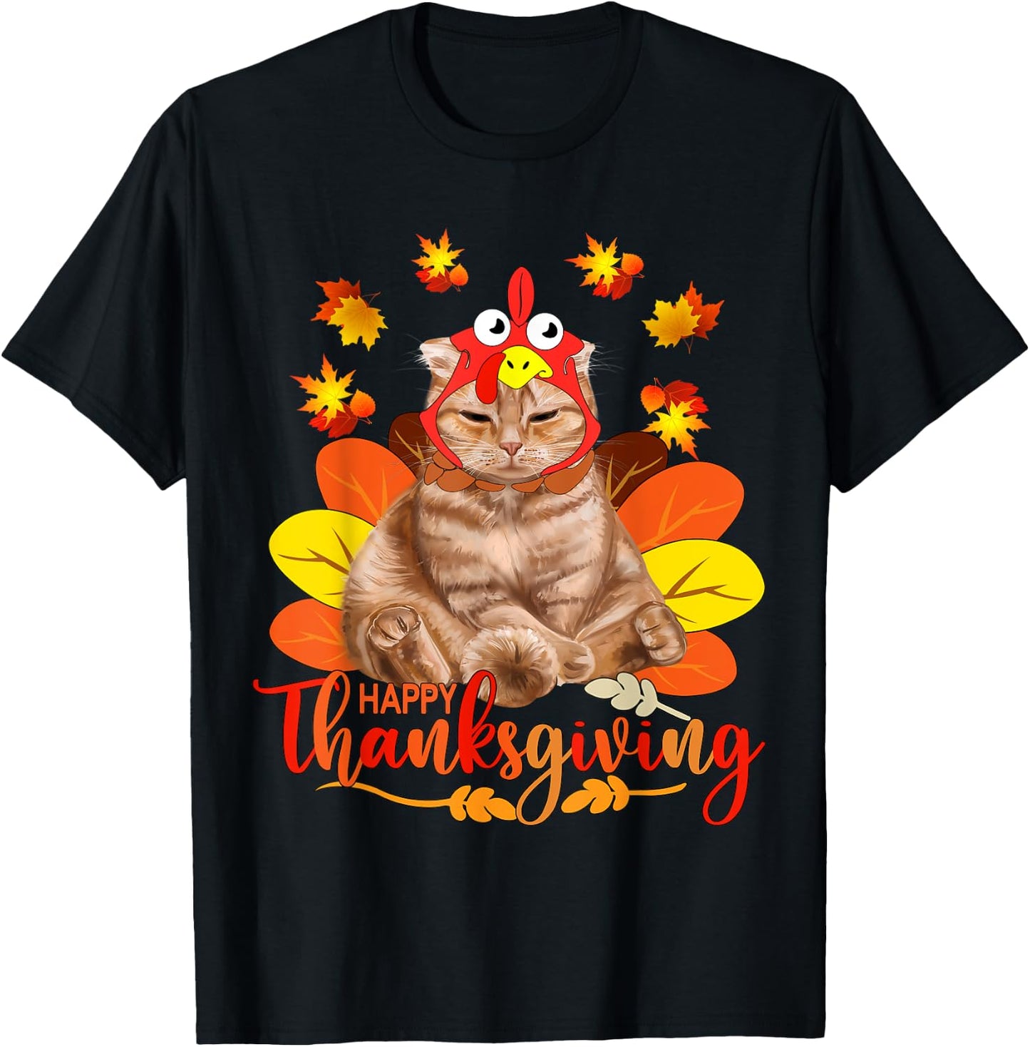 Happy Thanksgiving Cat Turkey Christmas Day T-Shirt - T-Shirt | Black