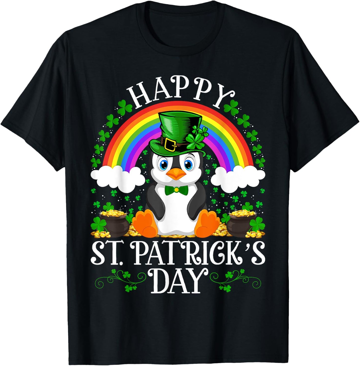 Penguin Bird Lover Rainbow Vintage Penguin St. Patrick's Day T-Shirt - T-Shirt | Black