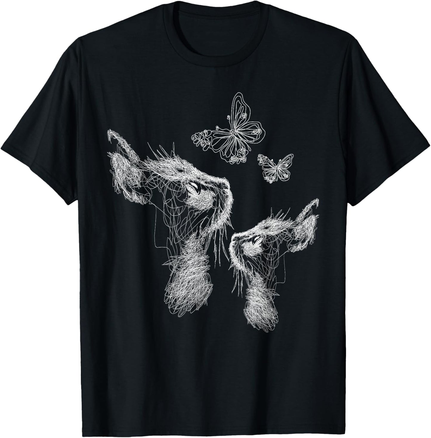 Cat with Kitten and Butterflies, scribble art T-Shirt - T-Shirt | Black