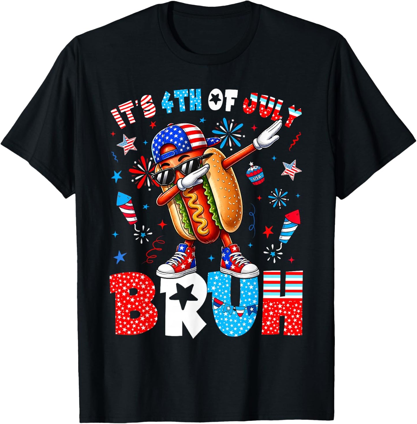 4th of July Its Fourth of July Bruh Dabbing Hotdog Boy Girl T-Shirt - T-Shirt | Black
