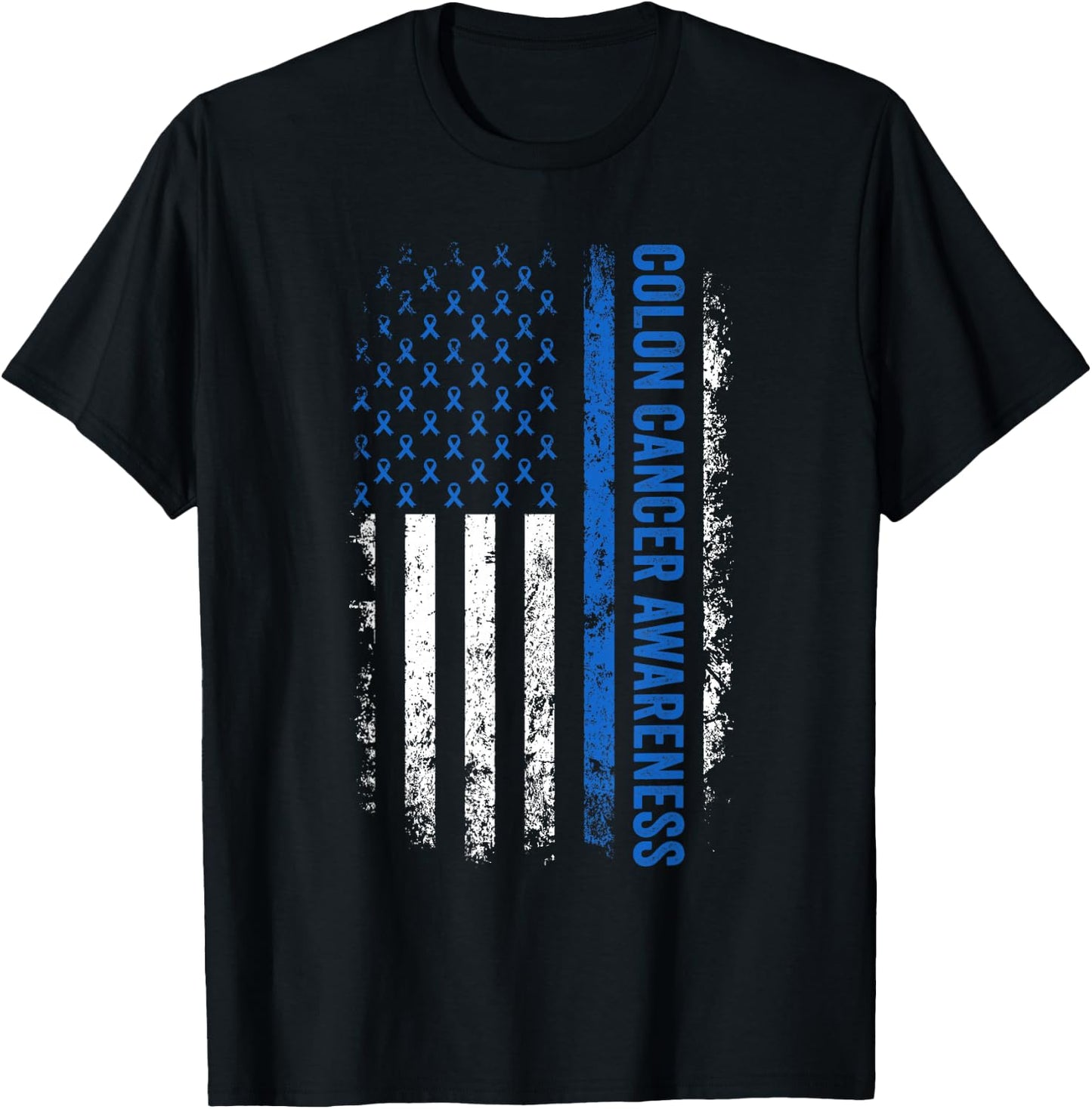 Colon Cancer Awareness Blue Ribbon US American Flag T-Shirt - T-Shirt | Black