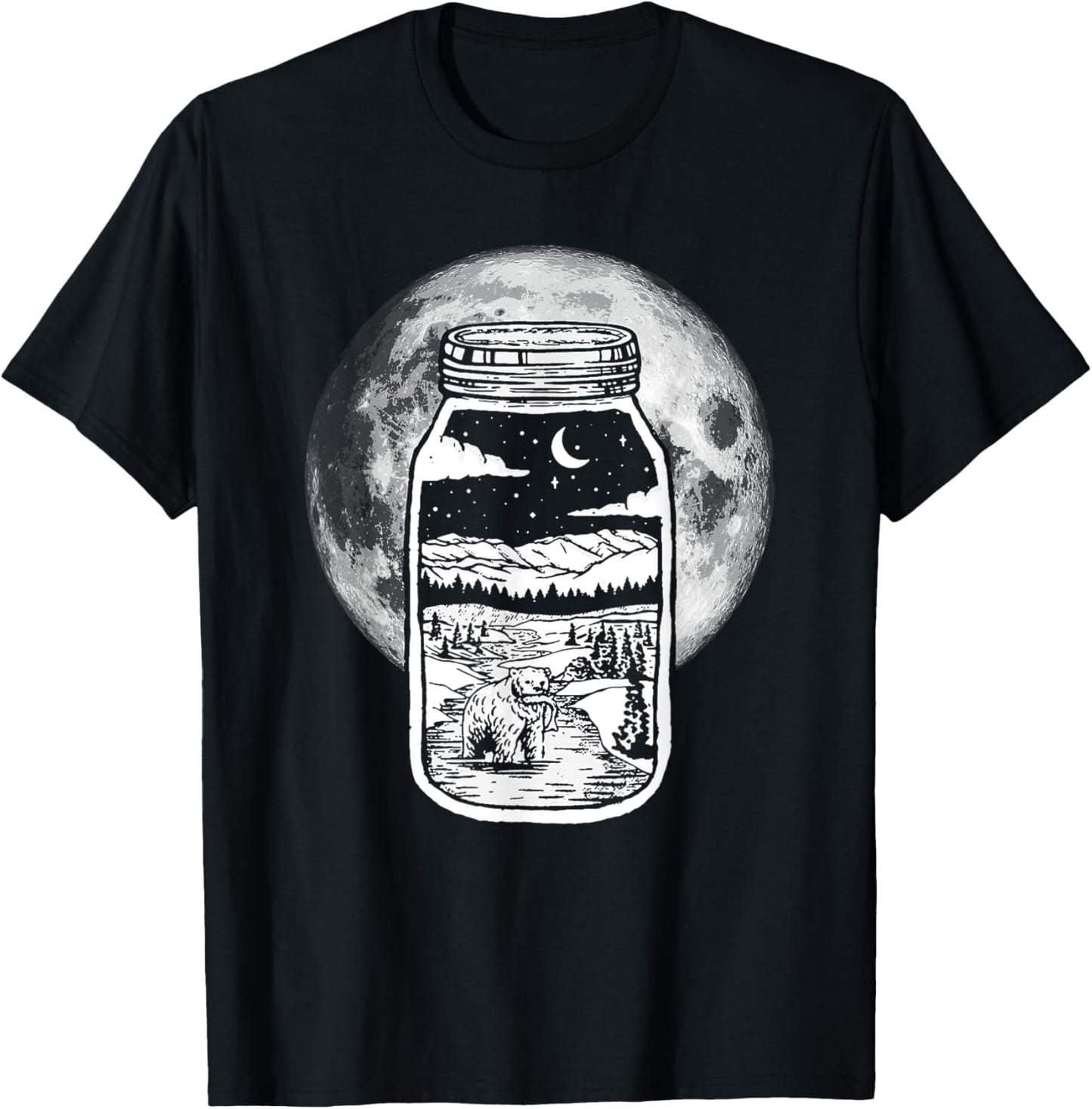 Moonshine Lover Jar Design - Bear, Moon & Mountains T-Shirt - T-Shirt | Black
