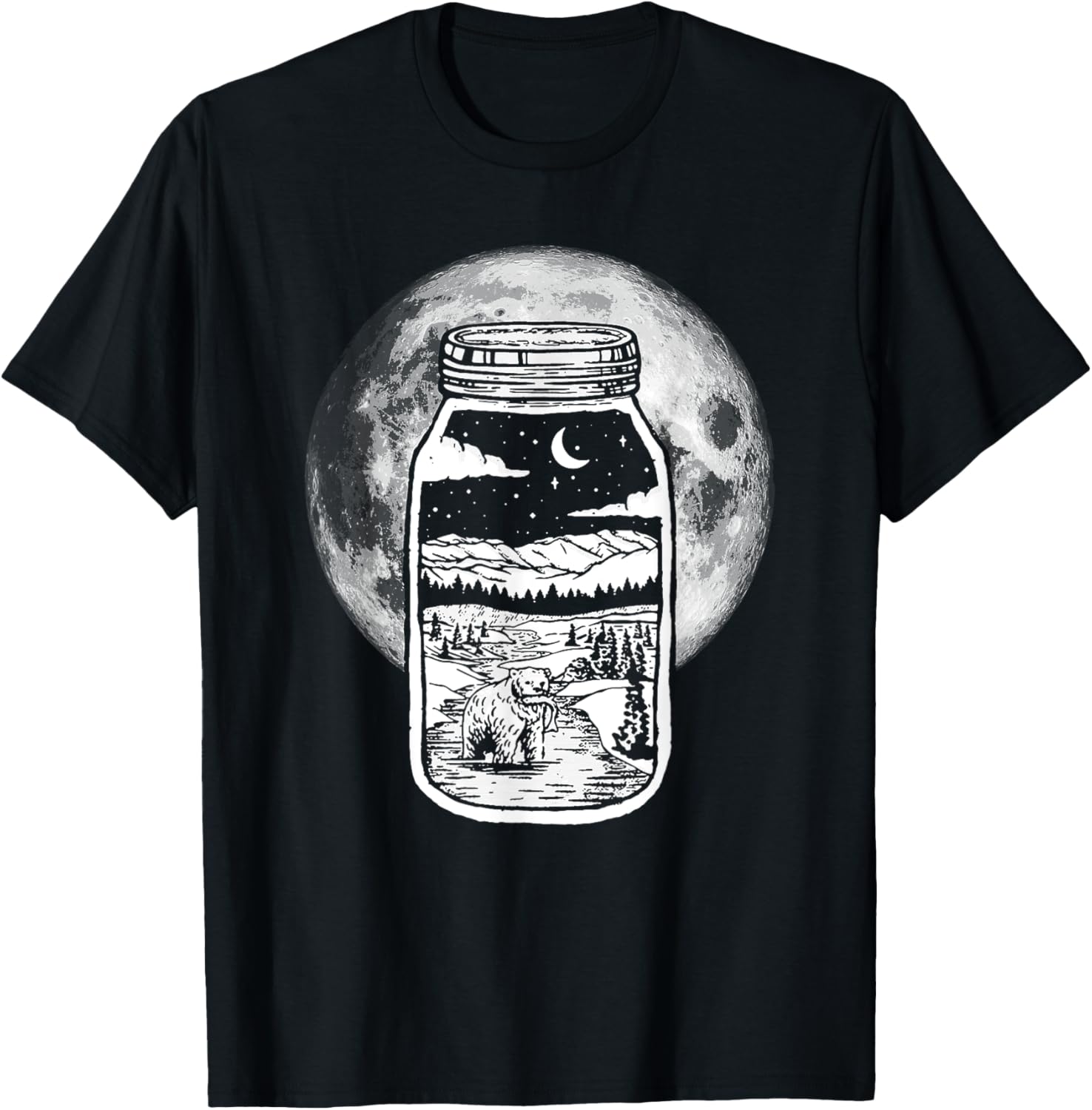 Moonshine Lover Jar Design - Bear, Moon & Mountains T-Shirt - T-Shirt | Black