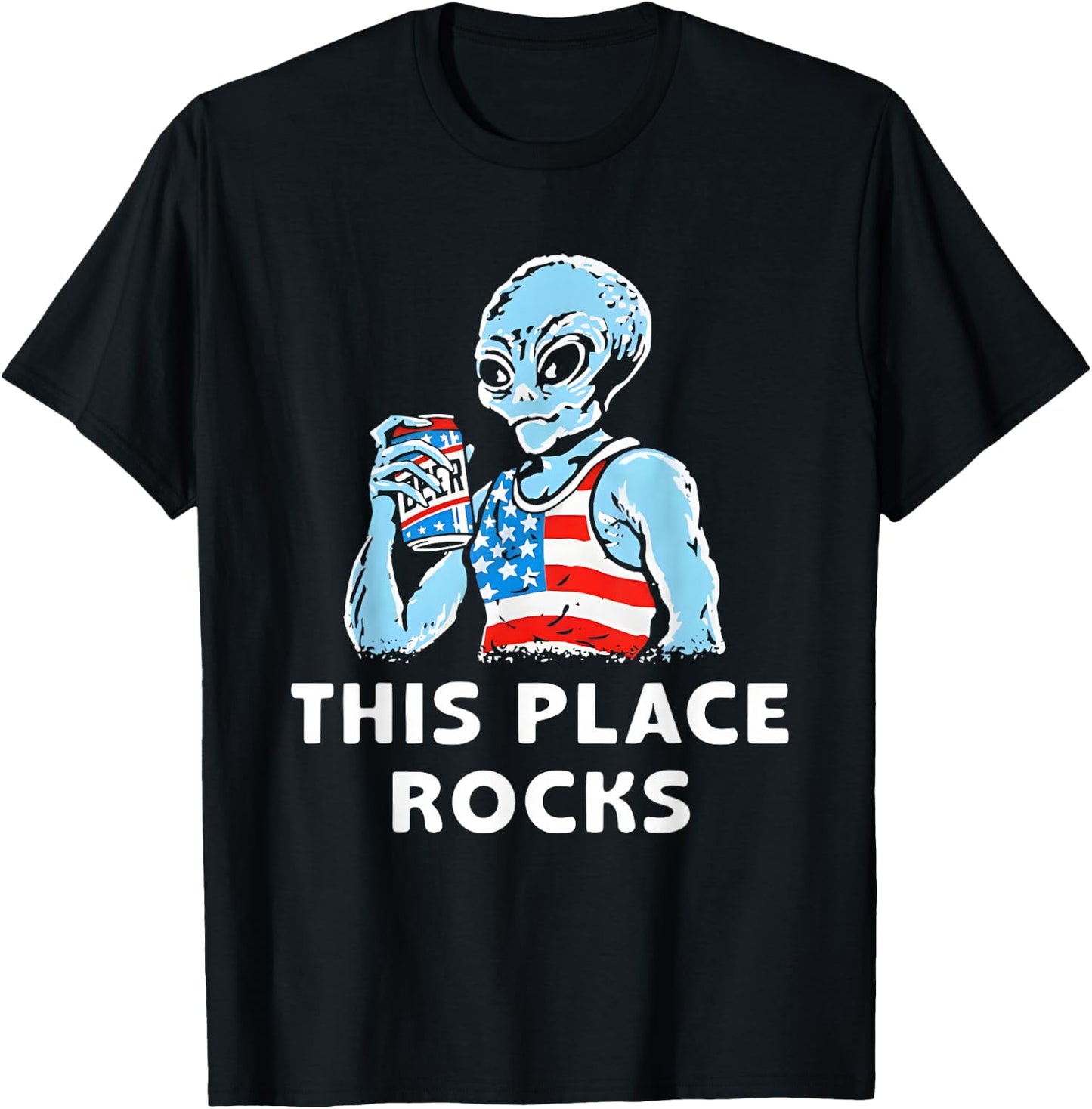 This Place Rocks Blue Alien Wearing an American Flag T-Shirt - T-Shirt | Black