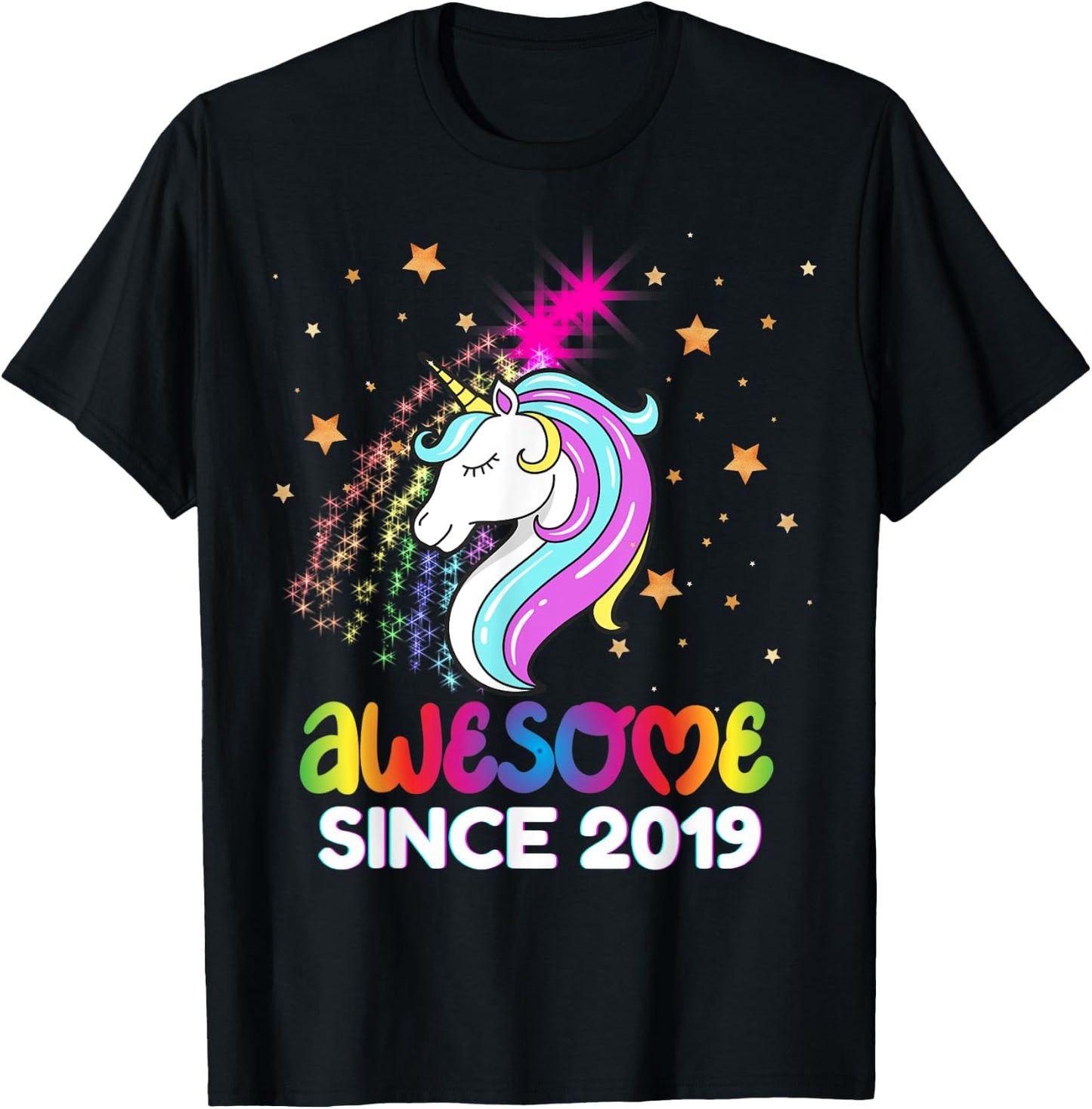 Fourth 5th Birthday Awesome Since 2019 Rainbows and Unicorn T-Shirt - T-Shirt | Black