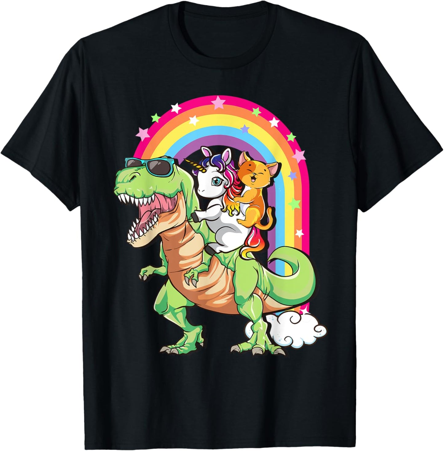 Cute Cat Unicorn Riding T Rex Dinosaur Kids Teens Toddlers T-Shirt - T-Shirt | Black
