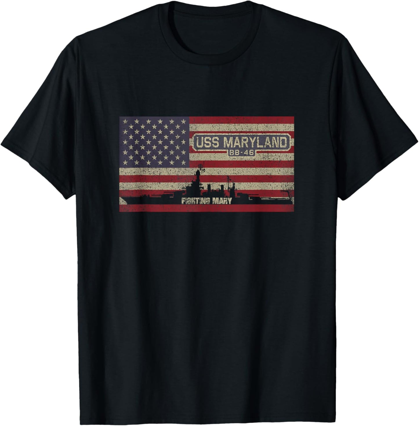 USS Maryland BB-46 WW2 Battleship USA American Flag T-Shirt - T-Shirt | Black