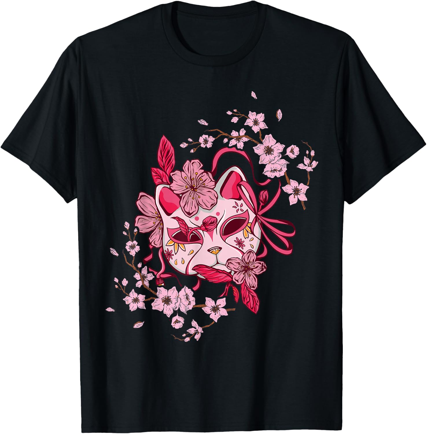 Sakura Tree Japanese Mask Cherry Pink Flower Blossom T-Shirt - T-Shirt | Black