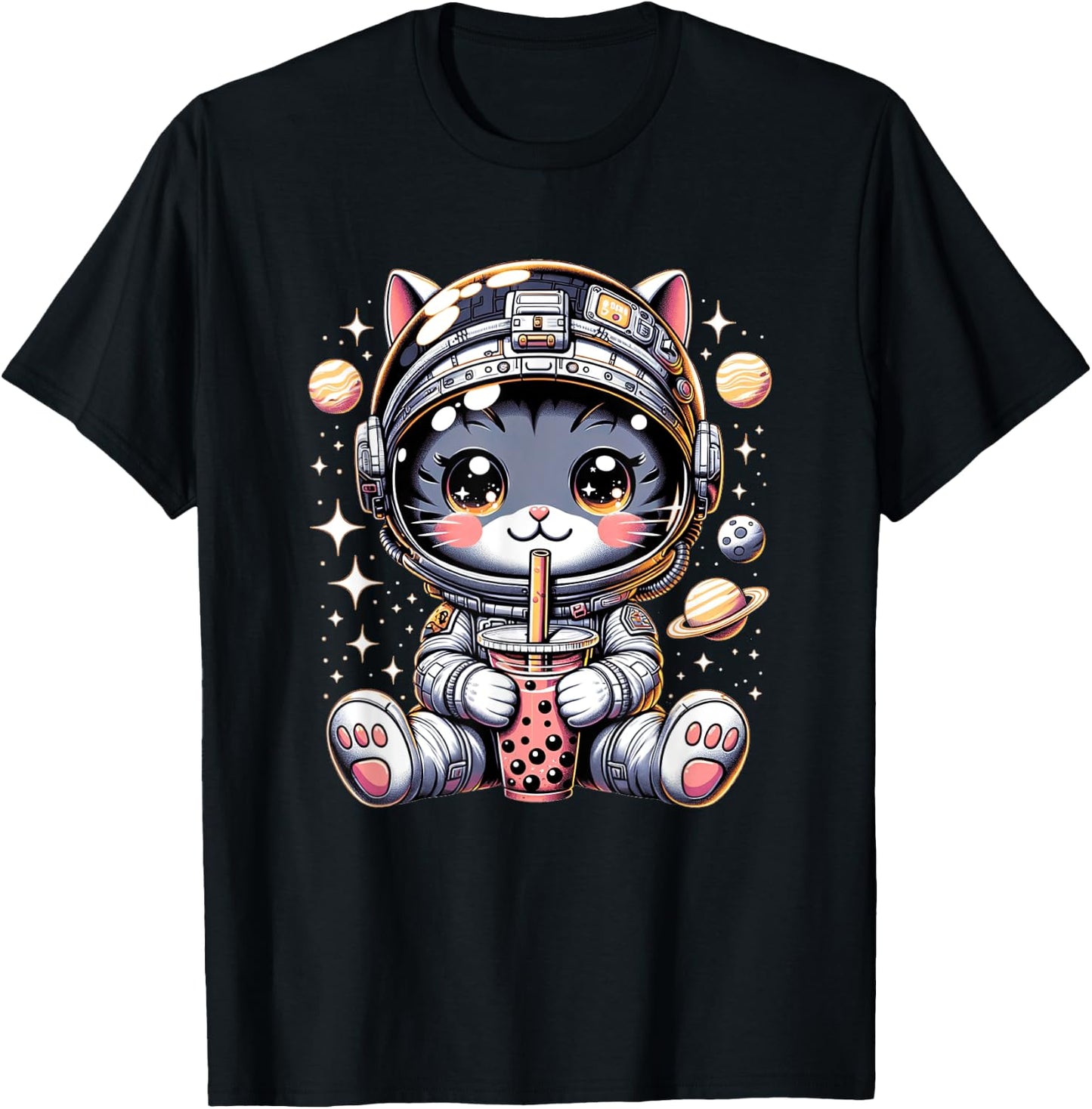Cat in Space Kawaii Cat Girls Anime Astronaut Bubble Tea T-Shirt - T-Shirt | Black