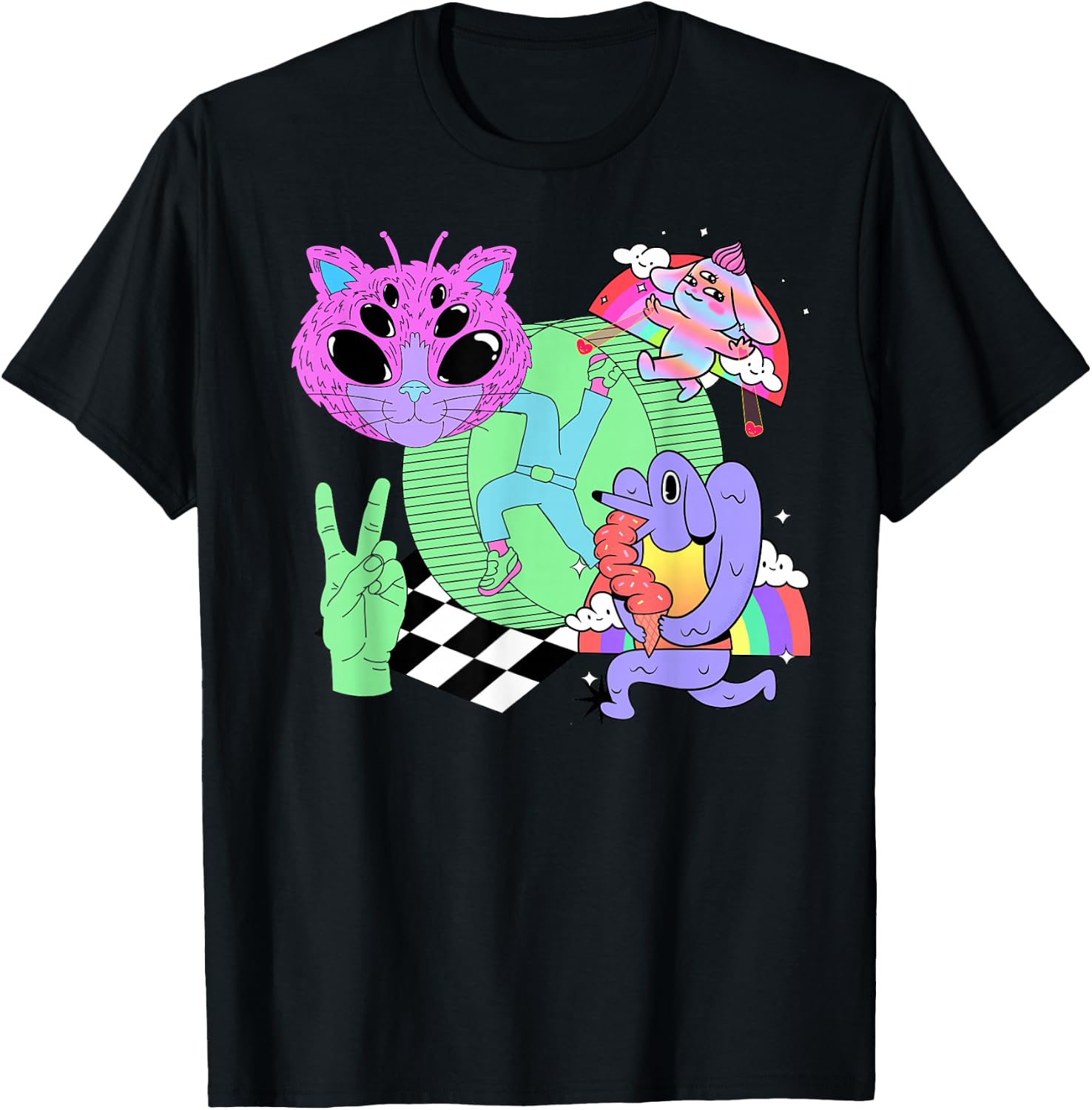 Weirdcore Aesthetic Bright Colorful Checker Print Trippy T-Shirt - T-Shirt | Black