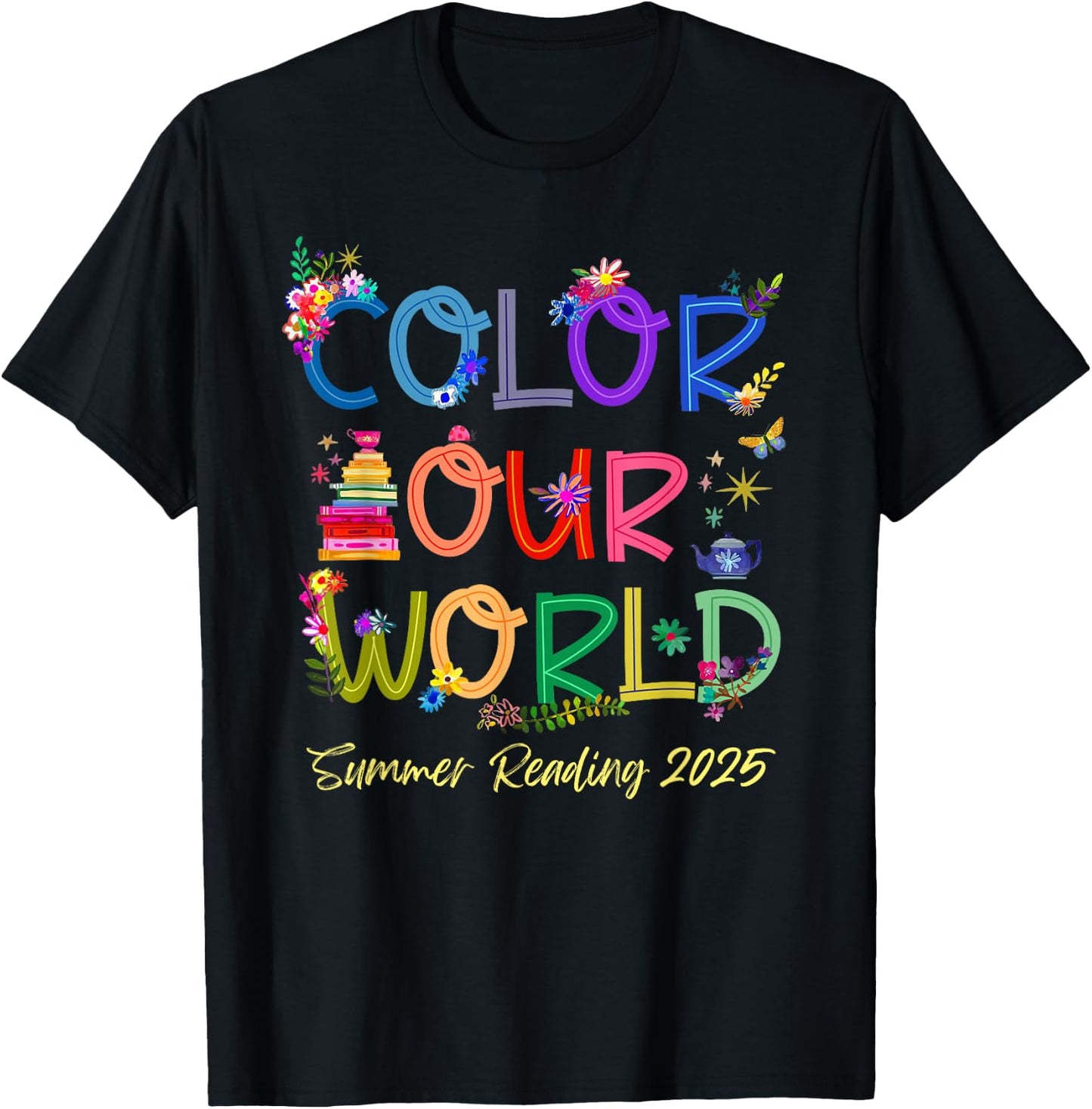Color Our World Summer Reading 2025 Boho Wildflower Book T-Shirt - T-Shirt | Black