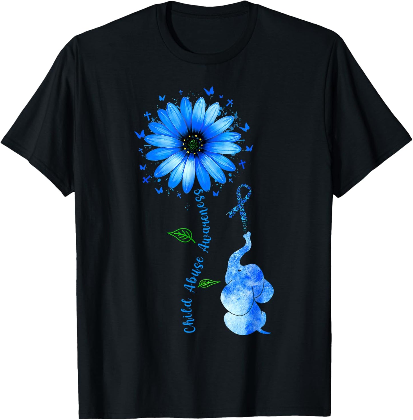 Child Abuse Awareness Sunflower Light Blue Ribbon Elephant T-Shirt - T-Shirt | Black