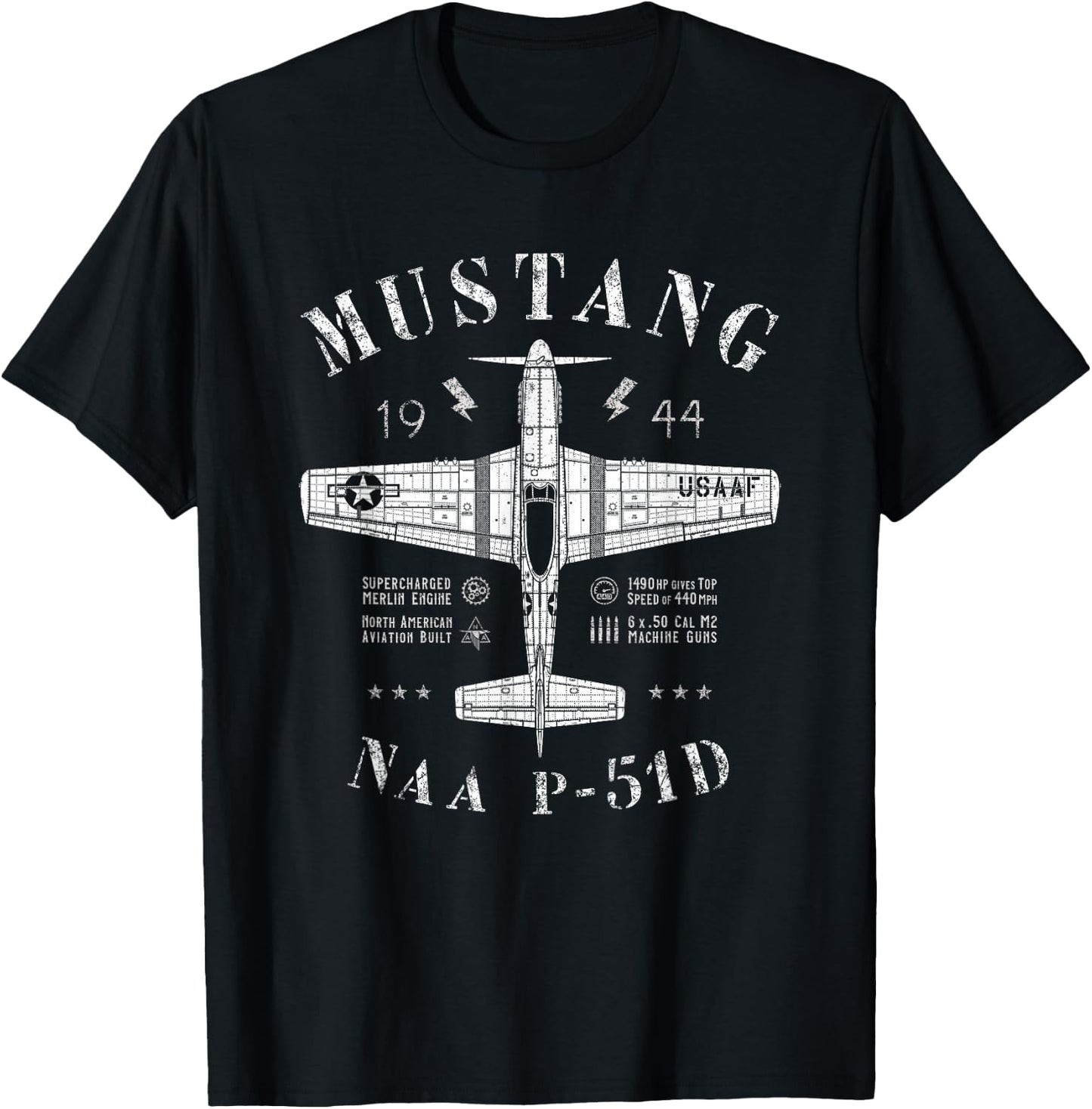 P-51 Mustang WW2 North American P51 D Vintage Fighter Plane T-Shirt - T-Shirt | Black