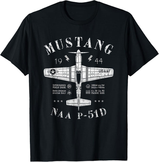 P-51 Mustang WW2 North American P51 D Vintage Fighter Plane T-Shirt - T-Shirt | Black