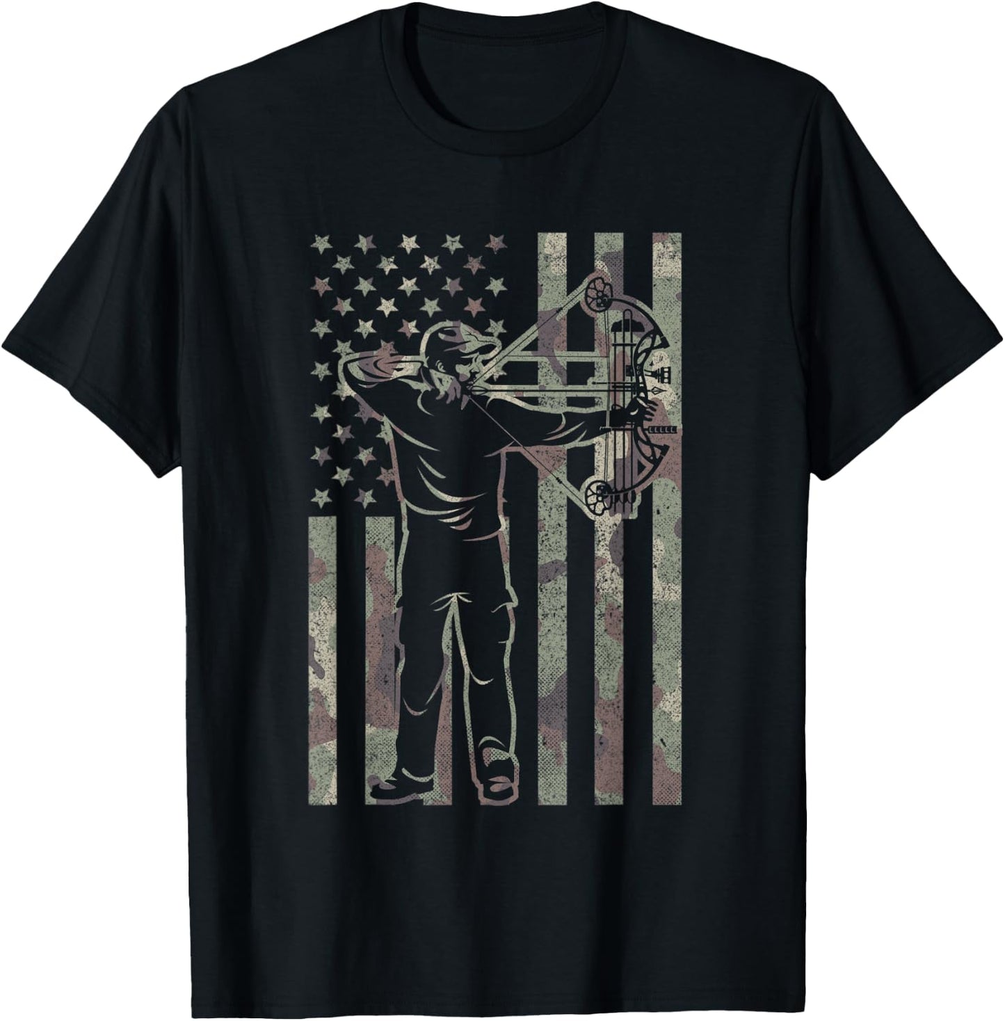 Archery Bow Hunter Deer Bow Hunting Vintage Camo US Flag T-Shirt - T-Shirt | Black