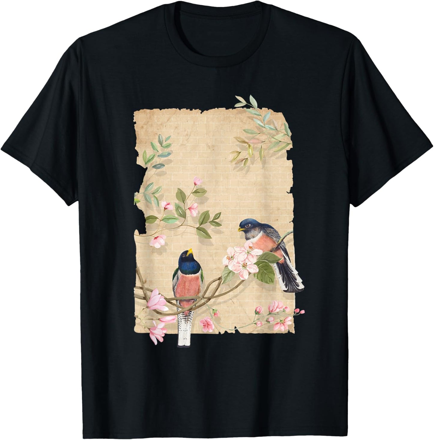 Bird and Flowers Art Japanese Woodblock Inspired Birds T-Shirt - T-Shirt | Black