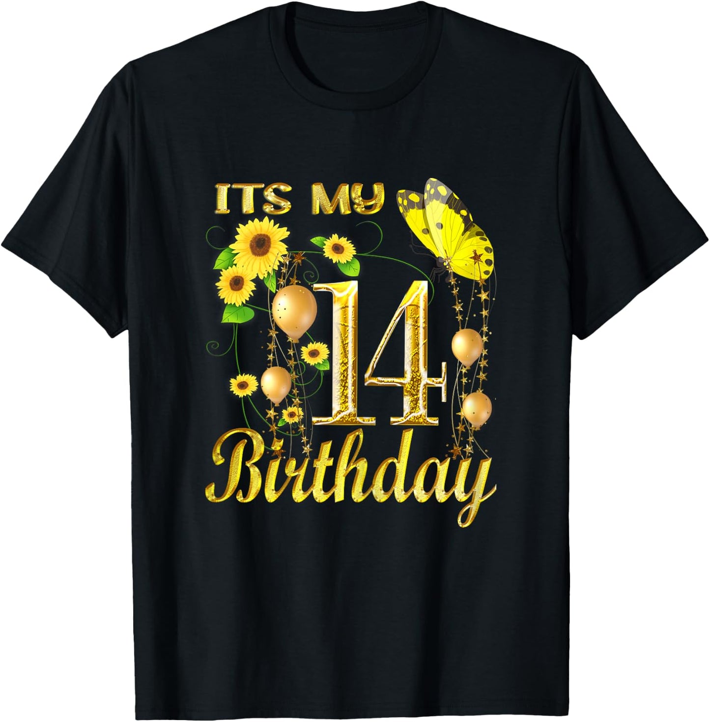 Its My 14th Birthday 14 Year Old Girl Sunflower Butterfly T-Shirt - T-Shirt | Black