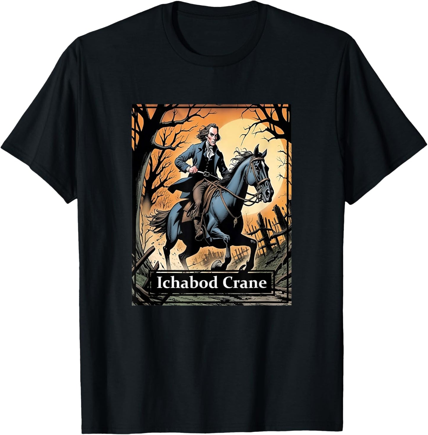 Ichabod Crane Riding on His Horse Gunpowder & Being Chased T-Shirt - T-Shirt | Black