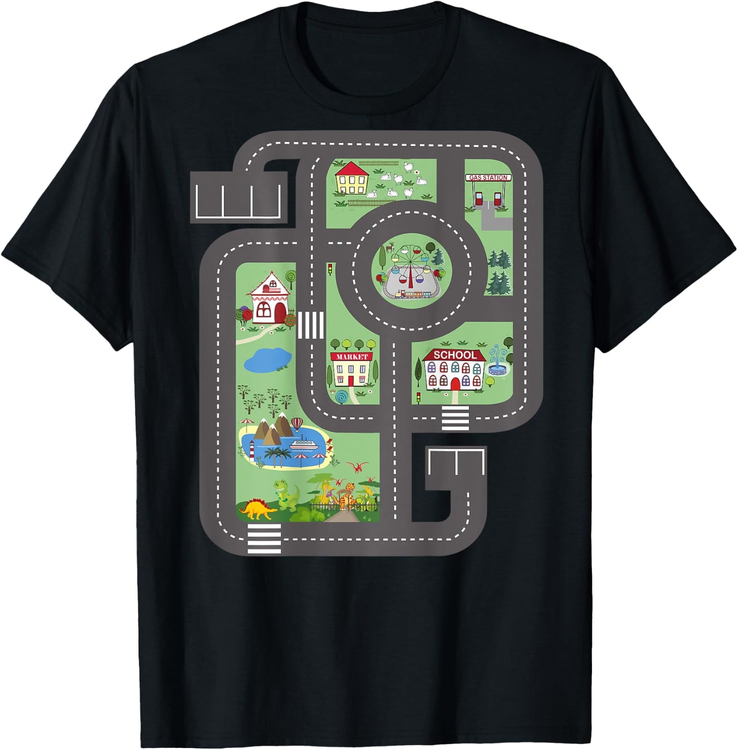 Cool Play Mat Race Car Track On Dad Shirt with Dinosaurs T-Shirt - T-Shirt | Black