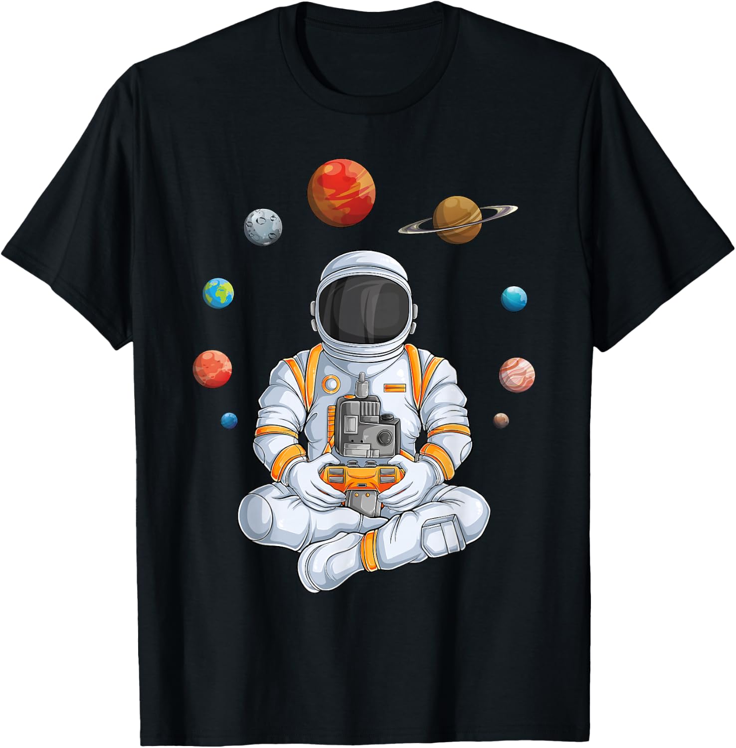 Astronaut Gamer Outer Space Men Gaming Solar System Planets T-Shirt - T-Shirt | Black