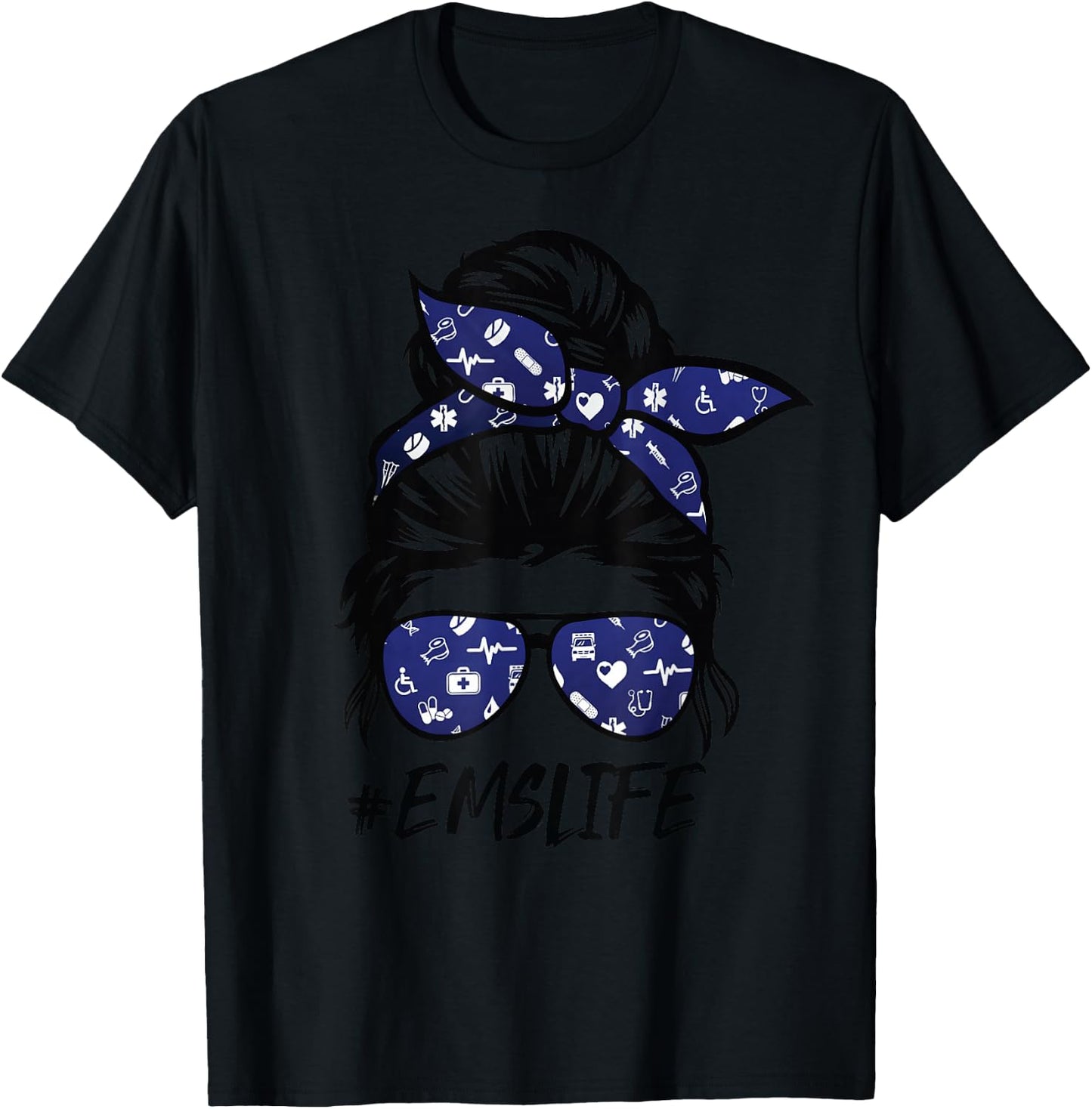 Funny EMS-Life Messy Bun Hair Glasses T-Shirt - T-Shirt | Black