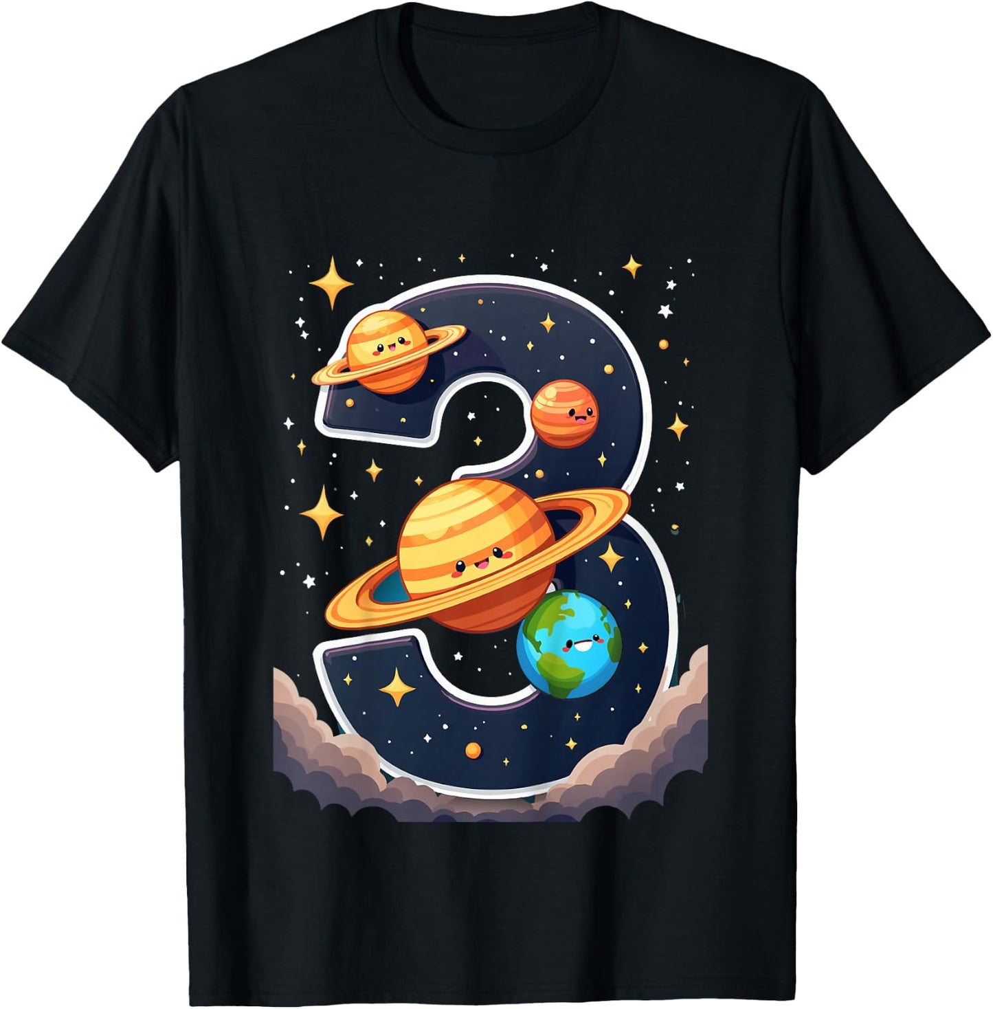 Space Planets Galaxies 3rd Birthday, 3 Years Old Child Bday T-Shirt - T-Shirt | Black