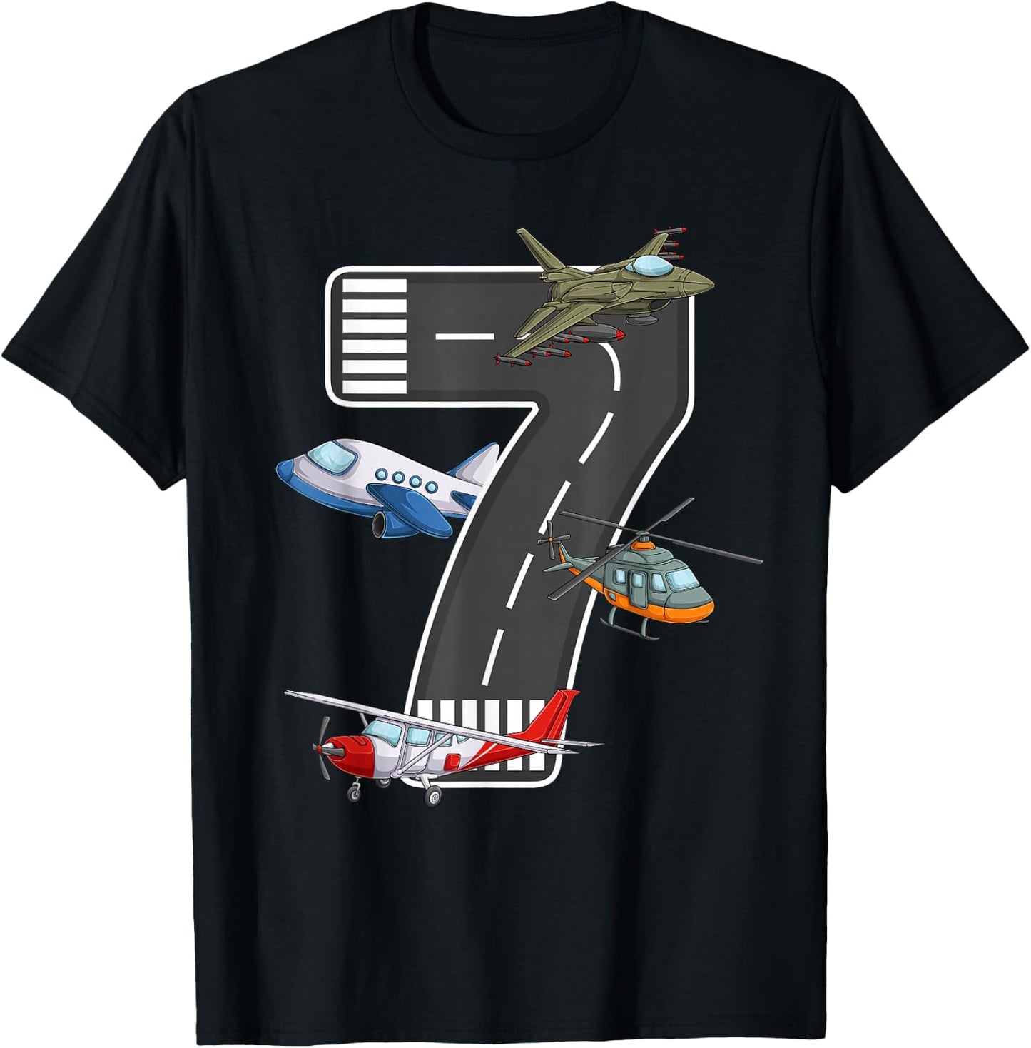 Little Pilot 7th Birthday Party 7 Seven Year Old Airplane T-Shirt - T-Shirt | Black