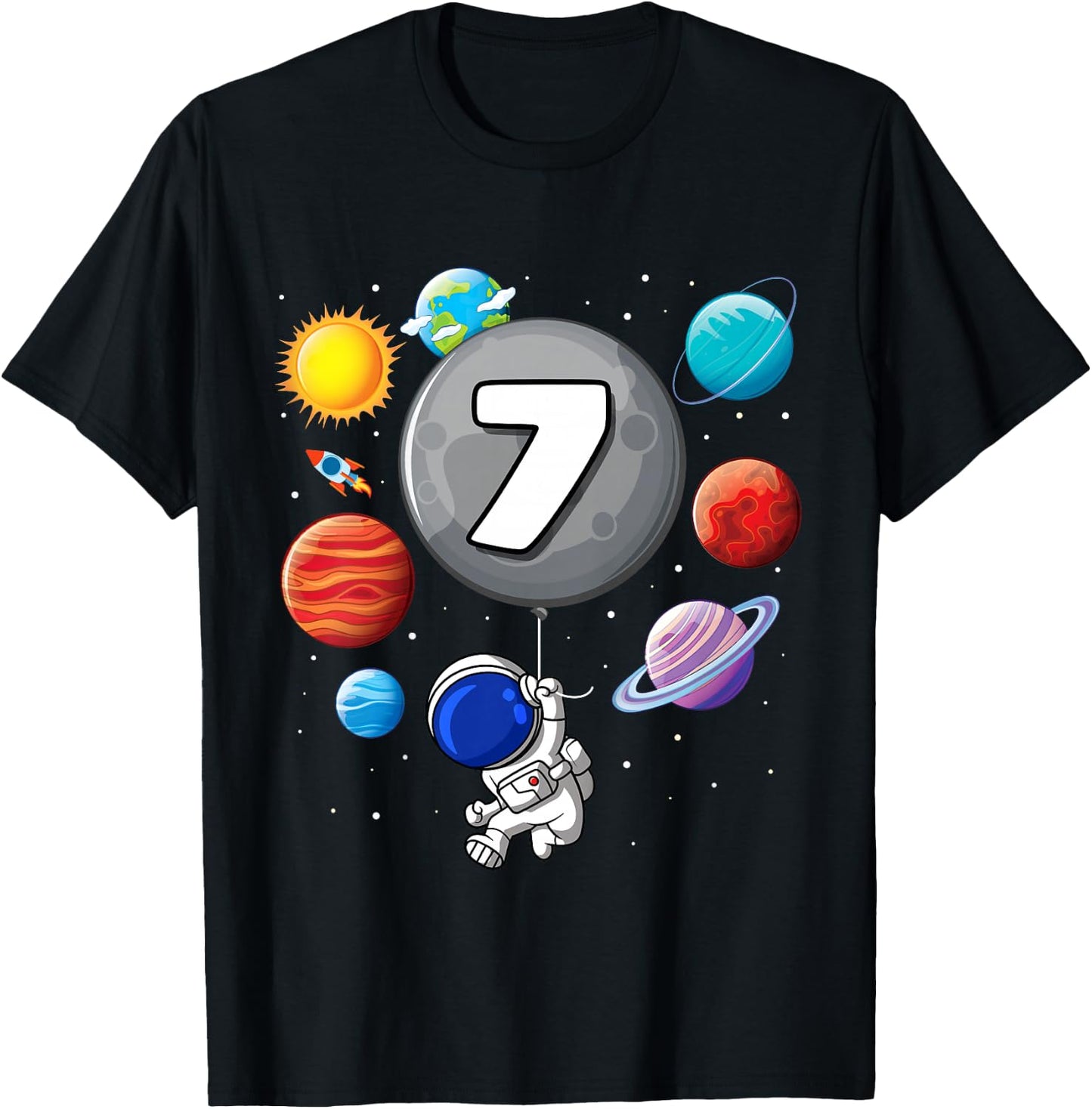 7th Birthday Astronaut Balloon Planet 7 Year Old Boy T-Shirt - T-Shirt | Black