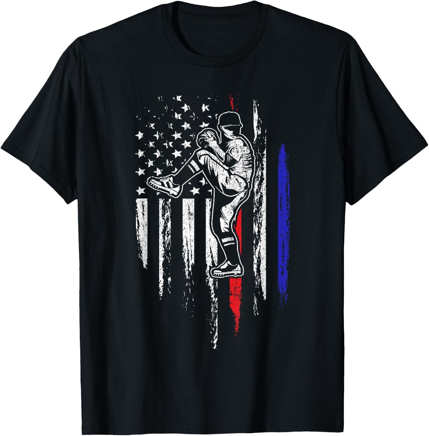 Baseball American Flag Pitcher USA Pitching 4th of July Gift T-Shirt - T-Shirt | Black
