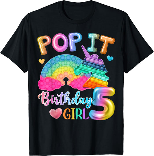 Kids Pop It Birthday Girl 5 for 5yr Old Girls Unicorn Party T-Shirt - T-Shirt | Black