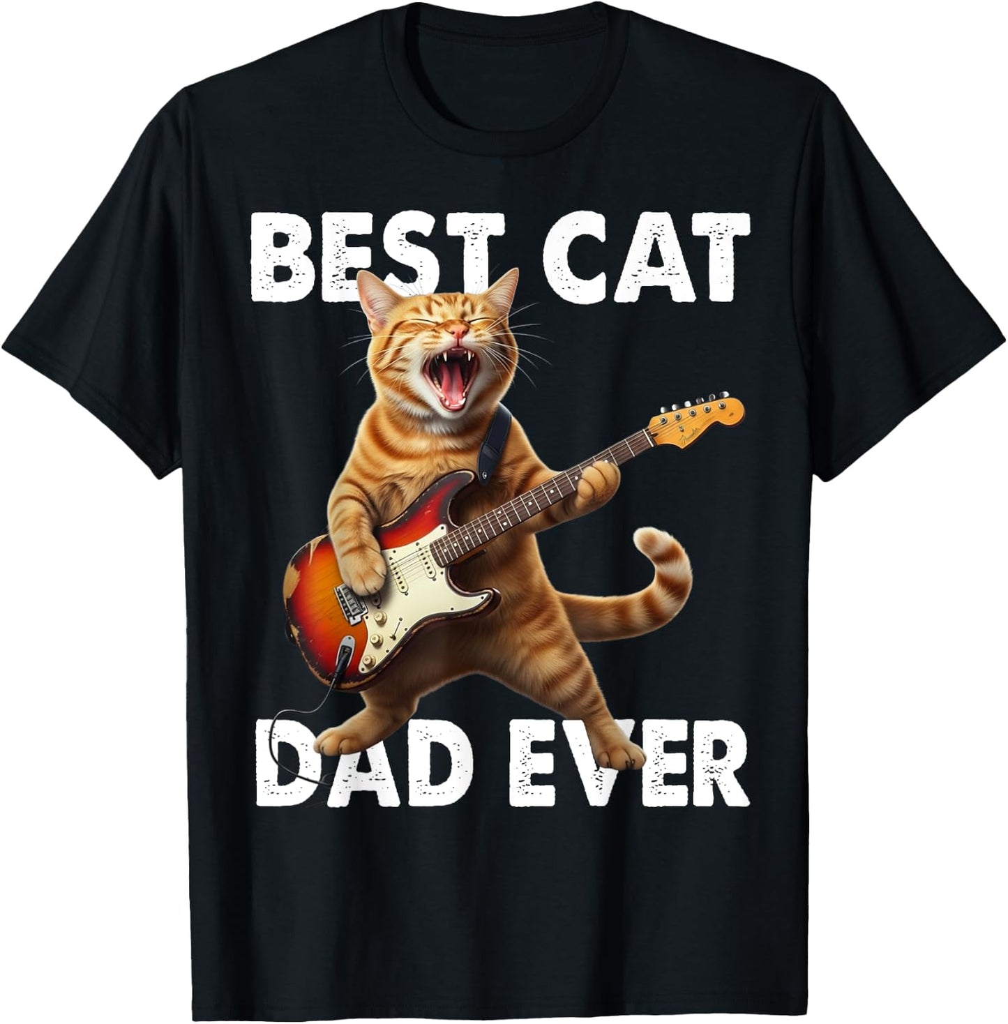 Best Cat Dad Ever Cat Playing Guitar Rock Star Rock and Roll T-Shirt - T-Shirt | Black