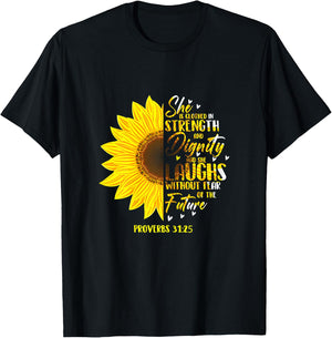 Proverb 31:25 Christian Bible Verse Sunflower T-Shirt - T-Shirt | Black