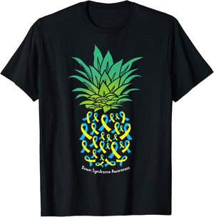 Pineapple Down Syndrome Awareness Tribe 21 Gold Blue Ribbon T-Shirt - T-Shirt | Black