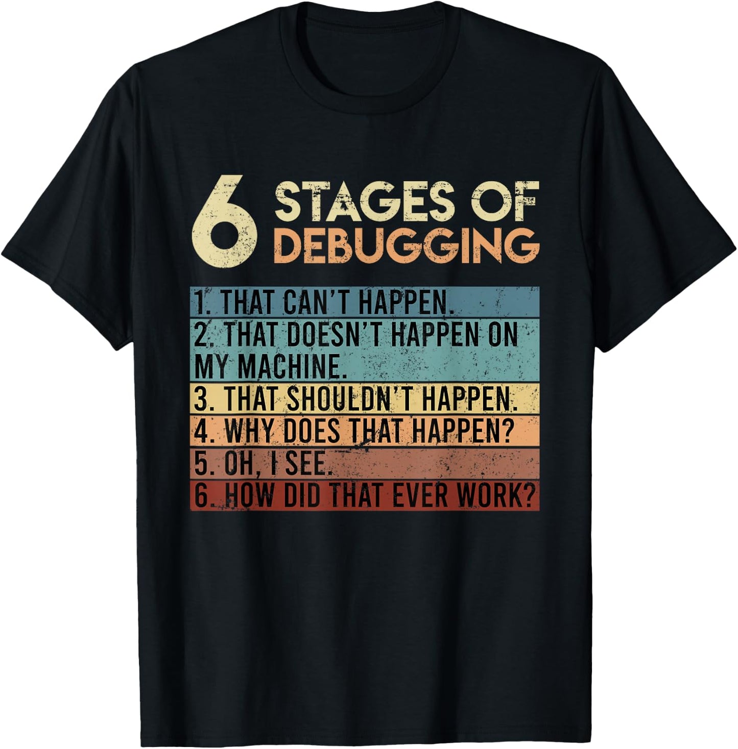 6 Stages of Debugging Software Tester developer Coder T-Shirt - T-Shirt | Black