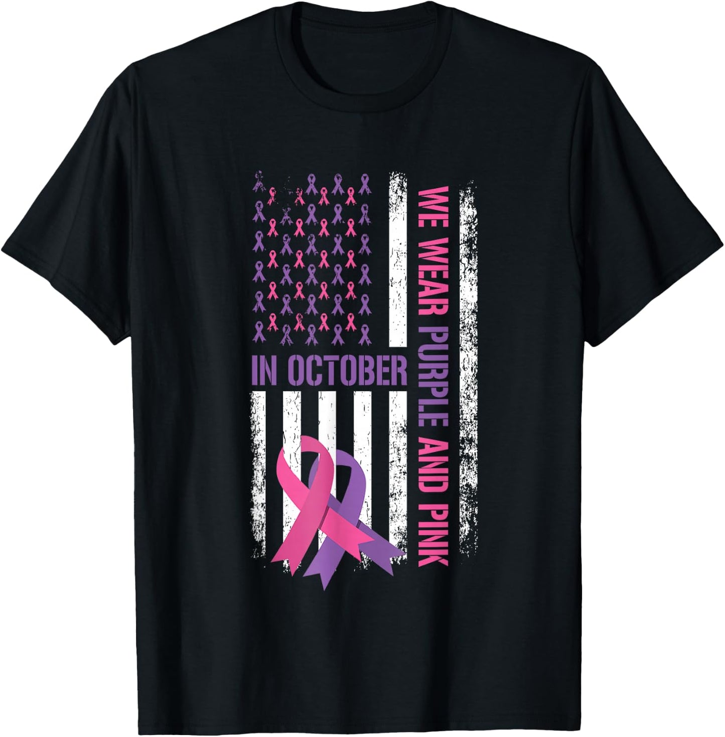 US Flag Breast Cancer and Domestic Violence Awareness T-Shirt - T-Shirt | Black