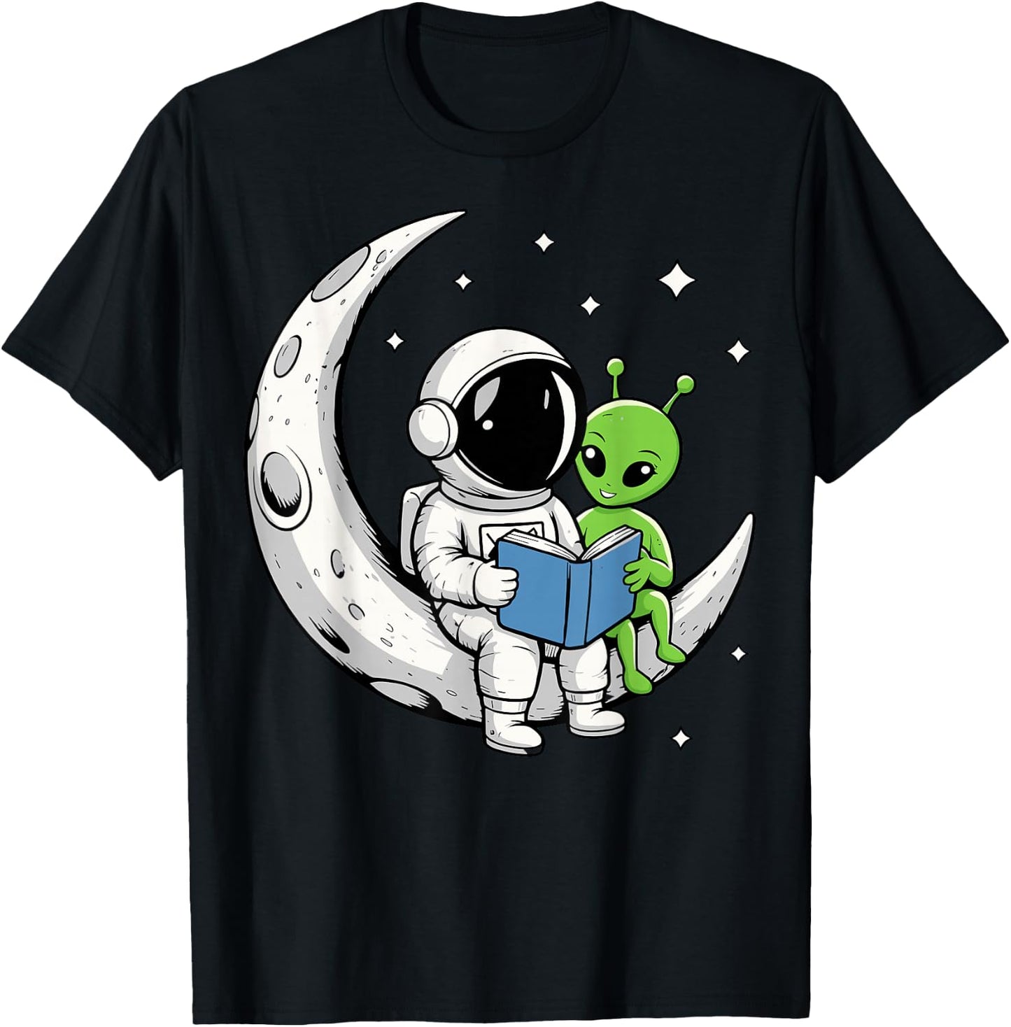 Astronaut Alien Reading Book Moon Space T-Shirt - T-Shirt | Black
