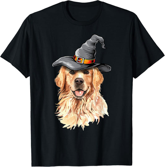 Golden Retriever Halloween Costumes Dog Lover Witch Hat Women Kids T-Shirt - T-Shirt | Black