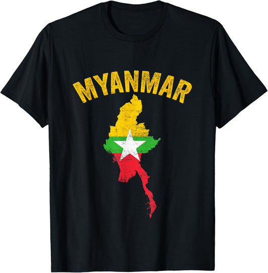 Distressed Retro Myanmar Flag Myanmar Map Patriotic T-Shirt - T-Shirt | Black