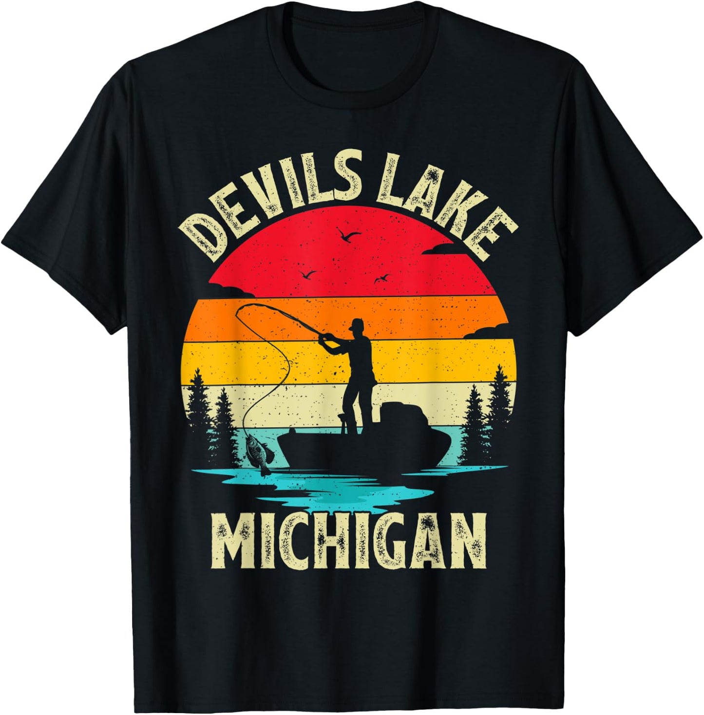 Summer Vacation Fishing Vintage Retro Michigan Devils Lake Women Kids T-Shirt - T-Shirt | Black