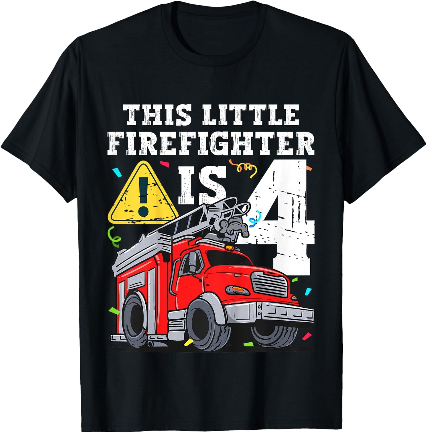Kids Fire Truck 4 Year Old Firefighter 4th Birthday Toddler Boy T-Shirt - T-Shirt | Black