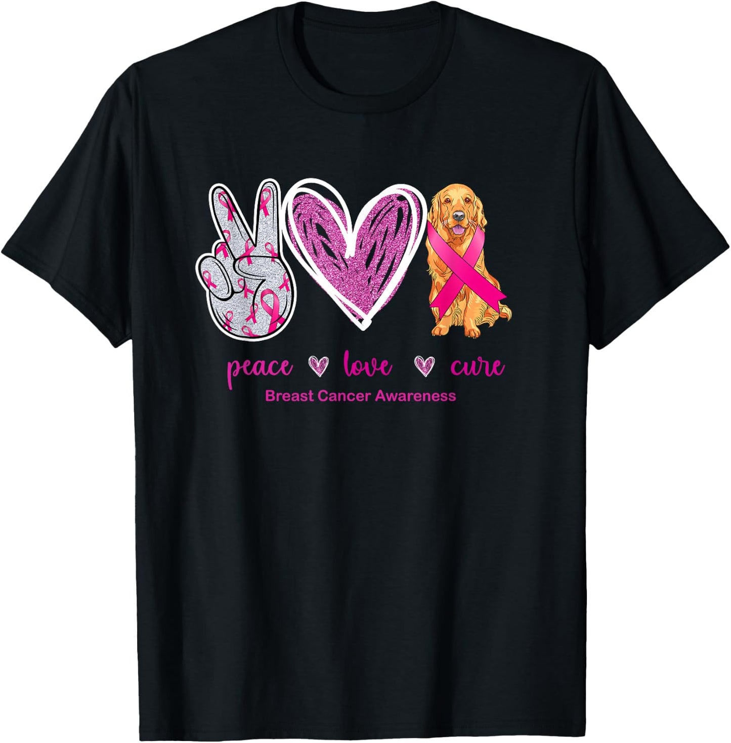 Peace Love Cure Golden Retriever Dog Breast Cancer Awareness Women T-Shirt - T-Shirt | Black
