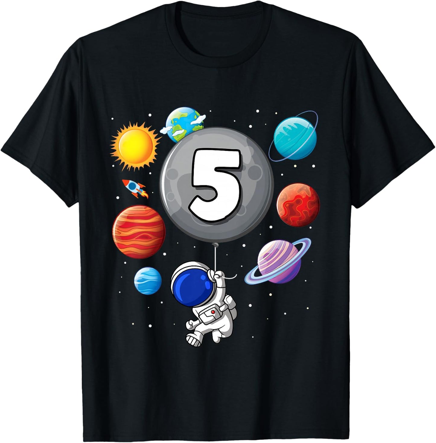 5th Birthday Astronaut Balloon Planet 5 Year Old Boy T-Shirt - T-Shirt | Black