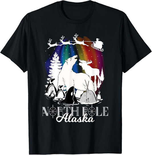 North Pole Alaska Aurora Borealis Christmas Town Wildlife T-Shirt - T-Shirt | Black